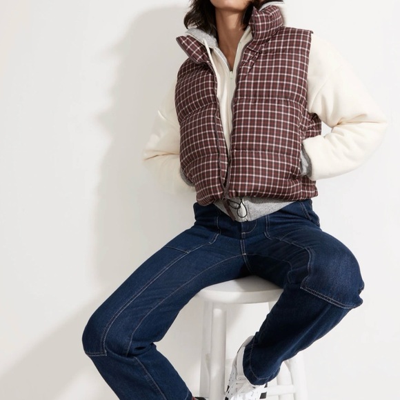 Madewell MWL Cropped Spices Raisin Burgundy Puffer Vest in Plaid, L - Picture 3 of 15